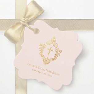 Girl Confirmation Pink Faux Gold Crest Elegant Favour Tags