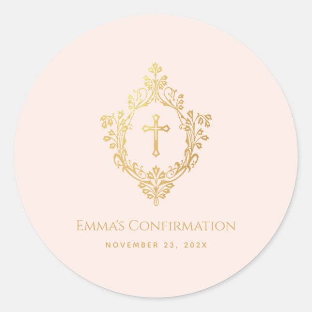 Girl Confirmation Pink Faux Gold Cross in Crest  Classic Round Sticker (Front)