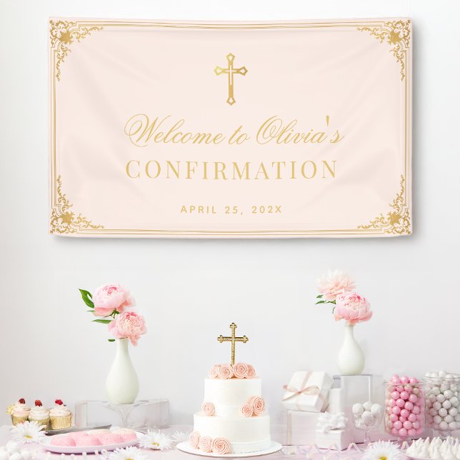 Girl Confirmation Pink Faux Gold Cross Welcome Banner (Creator Uploaded)