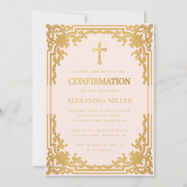 Girl Confirmation Pink Faux Gold Vintage Religious Invitation (Front)