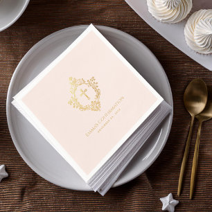 Girl Confirmation Pink Gold Cross Crest Religious Napkin