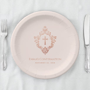 Girl Confirmation Pink Rose Gold Vintage Crest  Paper Plate