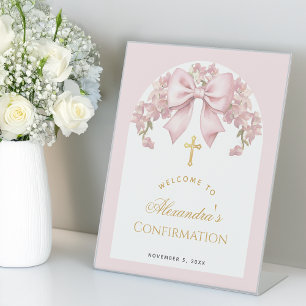 Girl Confirmation Welcome Pink Bow Floral Arch Pedestal Sign