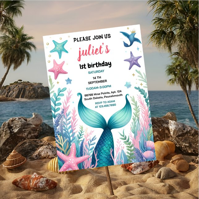 girl cool fish sea blue mermaid 1st Birthday Invitation (Creator Uploaded)