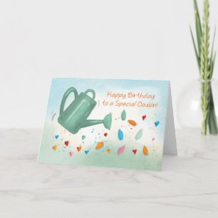 Girl Cousin Birthday Watering Can Sprinkling Heart Card