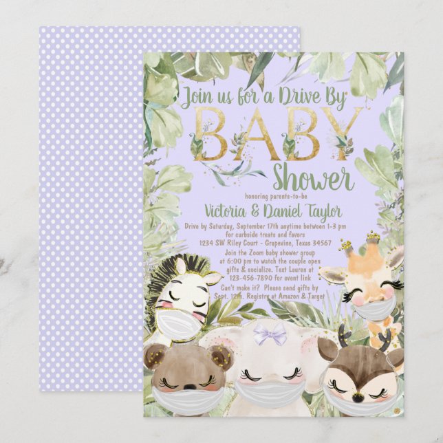 Girl Covid Baby Shower Animals With Masks Invitation (Front/Back)
