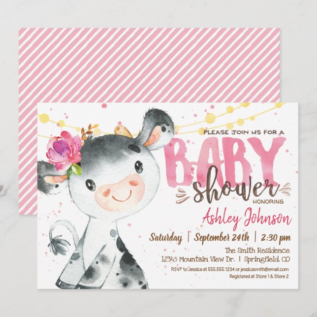 Girl Cow Baby Shower invitation, Pink Farm Invitation (Front/Back)