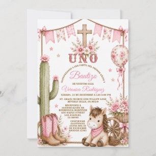 Girl Cowboy Spanish Uno Baptism & 1st Birthday Invitation