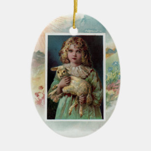 Girl Cradling Lamb Victorian Easter Ceramic Tree Decoration