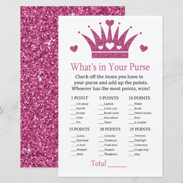 Girl Crown What's in your purse game baby shower (Front/Back)