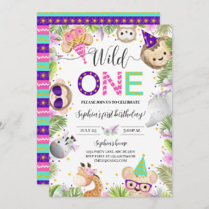 Girl Cute Baby Animals Wild One  Invitation
