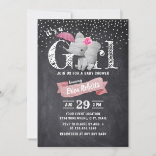 Girl Cute Elephant Rustic Chalkboard Baby Shower Invitation