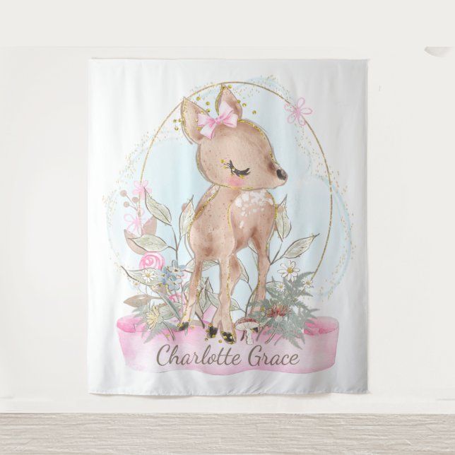 Girl Cute Little Deer Baby Shower Backdrop Tapestry (Front)