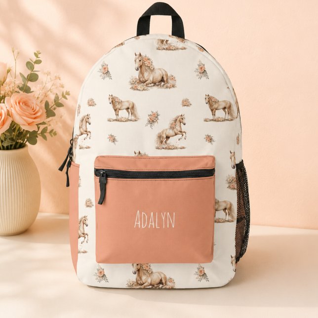 Girl Cute Peach Rose Horse Pattern Printed Backpack (Creator Uploaded)