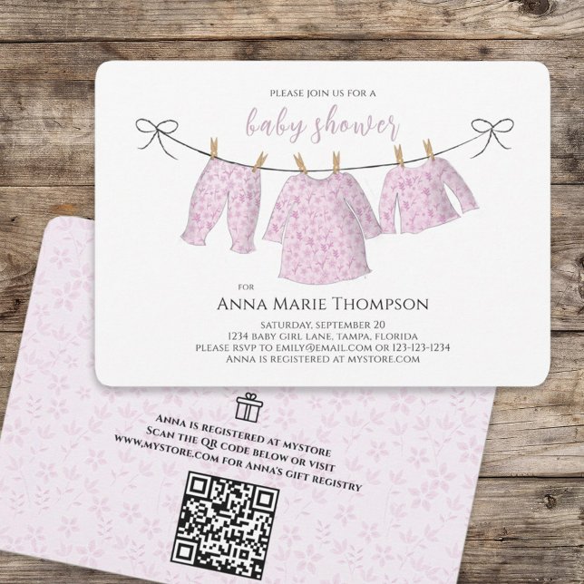 Girl Cute Pink Baby Shower QR Code Gift Registry Invitation (Creator Uploaded)