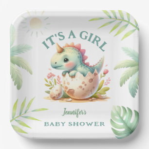 Girl Cute Pink Dino Dinosaur Baby Shower Paper Plate
