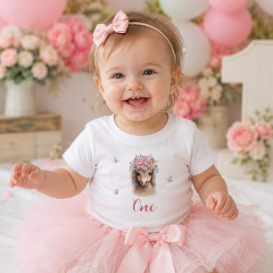 Girl Cute Pink Floral Horse First Birthday Baby T-Shirt