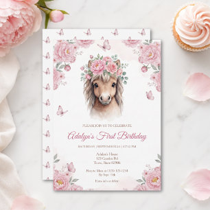 Girl Cute Pink Floral Horse First Birthday Invitation
