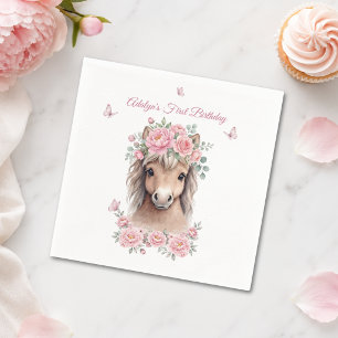 Girl Cute Pink Floral Horse First Birthday Napkin