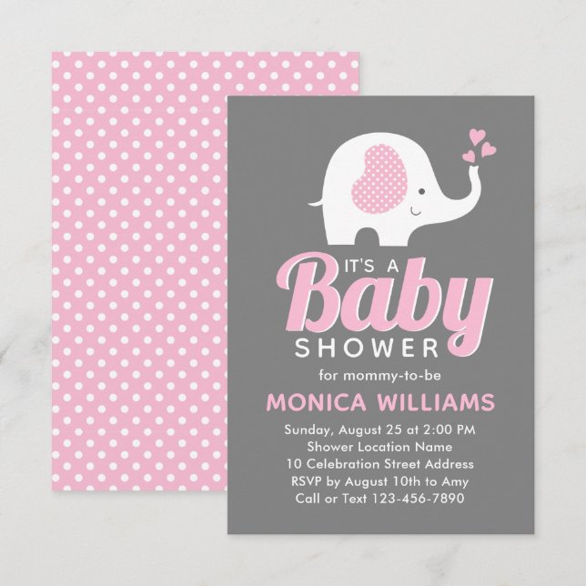 Girl Cute Pink Grey Elephant Baby Shower Invitation (Front/Back)
