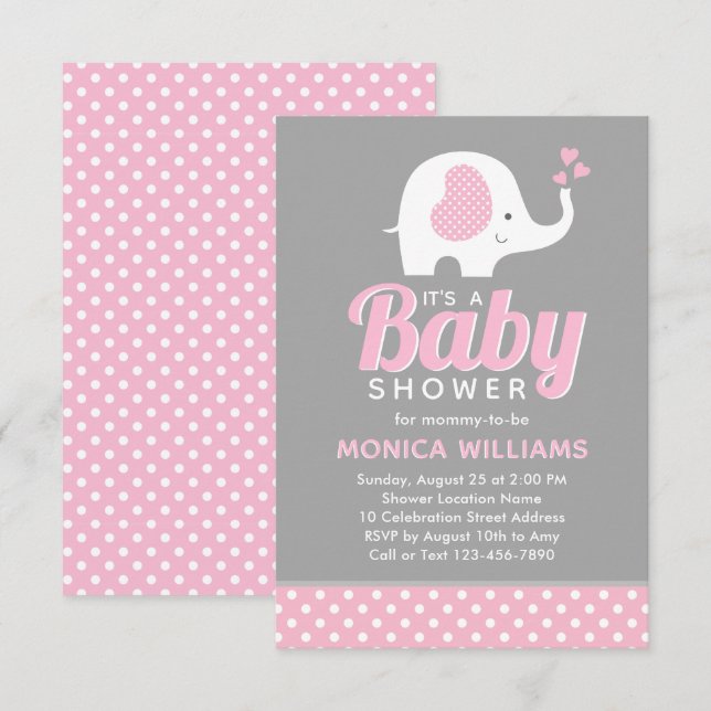 Girl - Cute Pink Grey Elephant Baby Shower Invitation (Front/Back)