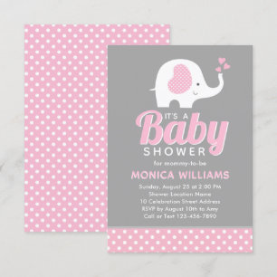 Girl - Cute Pink Grey Elephant Baby Shower Invitation