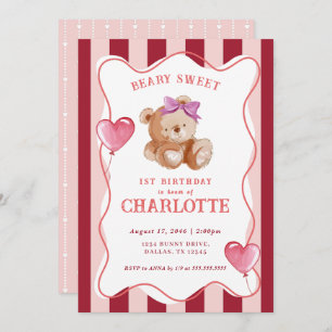 Girl Cute Pink Watercolor Bear Baby 1st Birthday Invitation