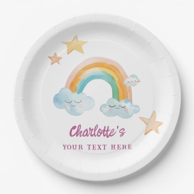 Girl Cute Purple Watercolor Rainbow Baby Shower Paper Plate (Front)
