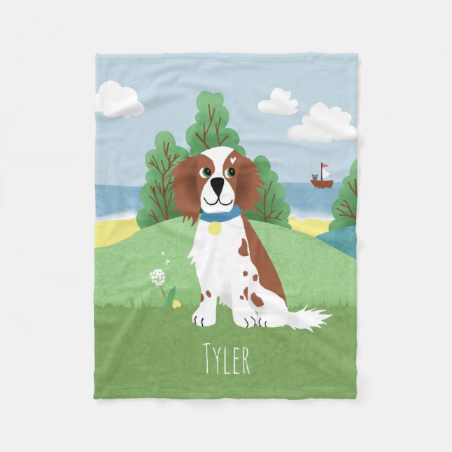 Girl Cute Springer Spaniel Dog and Name Kids Fleece Blanket (Front)