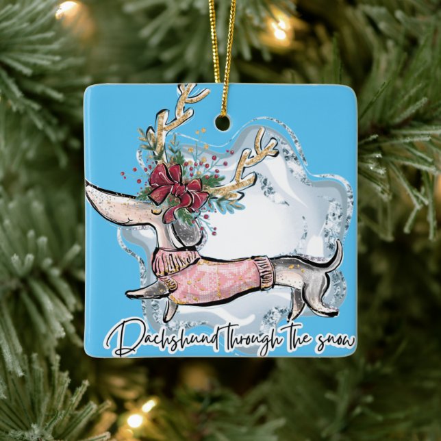 Girl Dachshund Through The Snow Ceramic Ornament (Tree)
