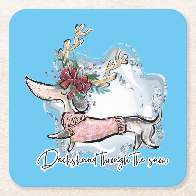 Girl Dachshund Through The Snow Square Paper Coaster (Front)