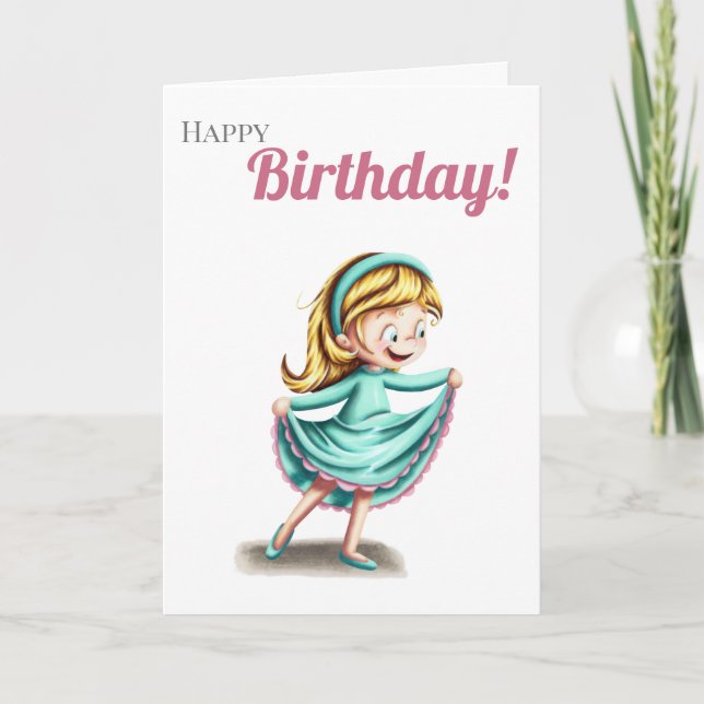 Girl dancing in a teal dress happy birthday card (Front)