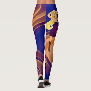 Girl Dancing On Blue Tan Purple Swirl Pattern Leggings