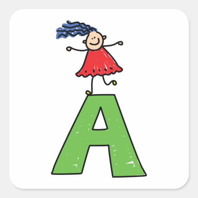 Girl Dancing on Green Letter A Fun Alphabet  Square Sticker (Front)