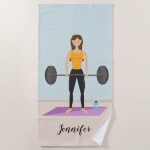 Girl Deadlifting Barbell & Custom Name Fitness Beach Towel
