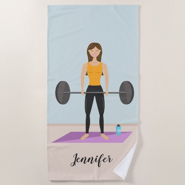Girl Deadlifting Barbell & Custom Name Fitness Beach Towel (Front)