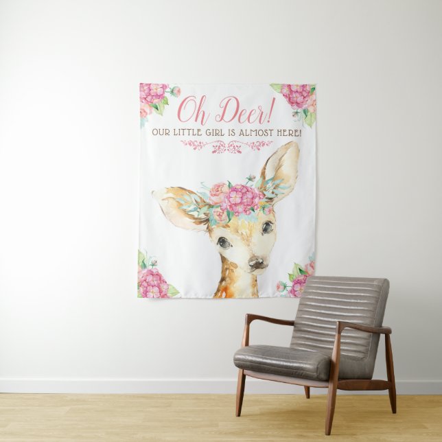 Girl Deer Baby Shower Backdrop Tapestry (In Situ)