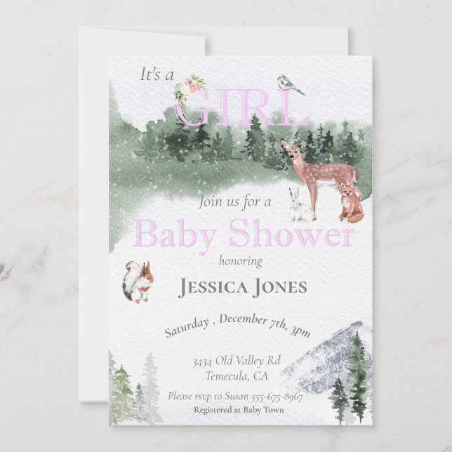 Girl Deer Baby Shower Winter Woodland Invitation (Front)