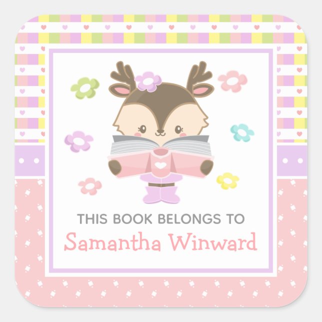 Girl Deer Pink and Purple Kids Bookplate Square Sticker (Front)