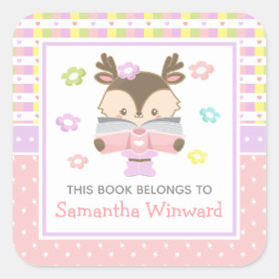 Girl Deer Pink and Purple Kids Bookplate Square Sticker