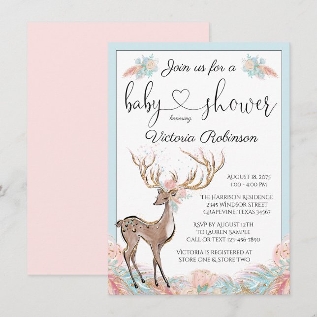 Girl Deer Pink Teal Watercolor Baby Shower Invitation (Front/Back)