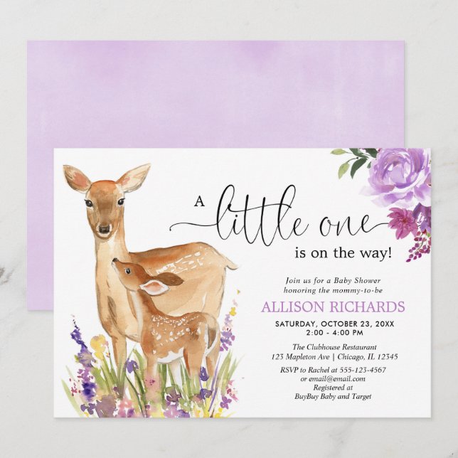 Girl deer purple floral woodland fawn baby shower invitation (Front/Back)