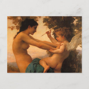 Girl Defending Herself Against Cupid by Bouguereau Postcard