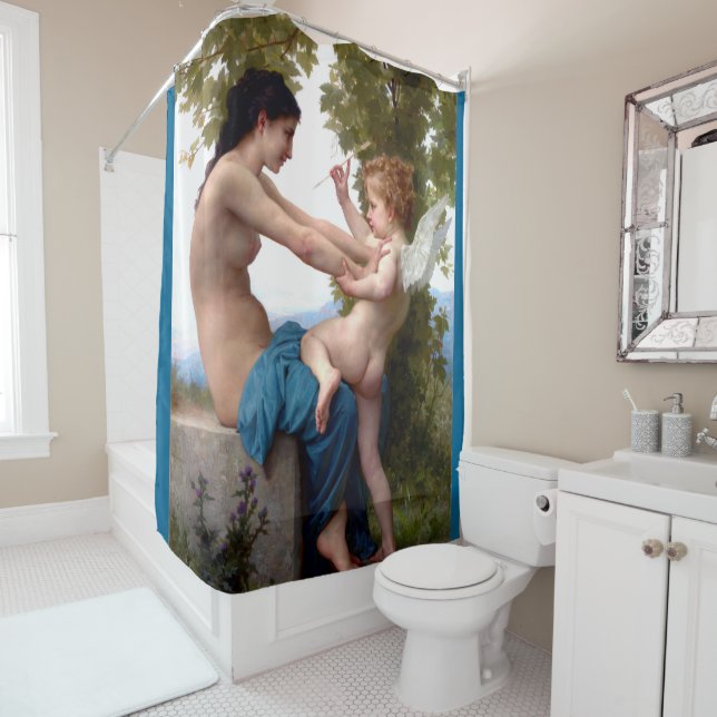 Girl Defending Herself Against Eros Cupid Fine Art Shower Curtain (In Situ)