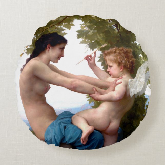 Girl Defending Herself Against Eros Cupid Painting Round Cushion (Front)