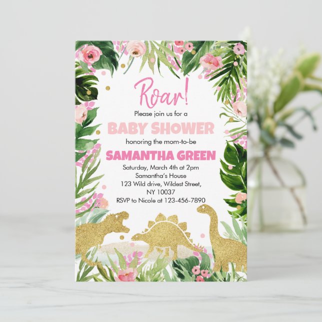 Girl Dinosaur Baby Shower Invitation (Standing Front)