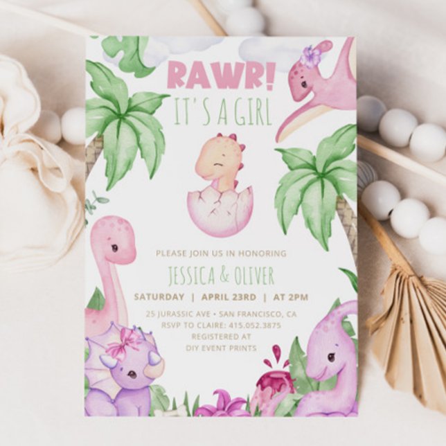 Girl DINOSAUR Baby Shower Invitation, Purple Dino Invitation (Creator Uploaded)