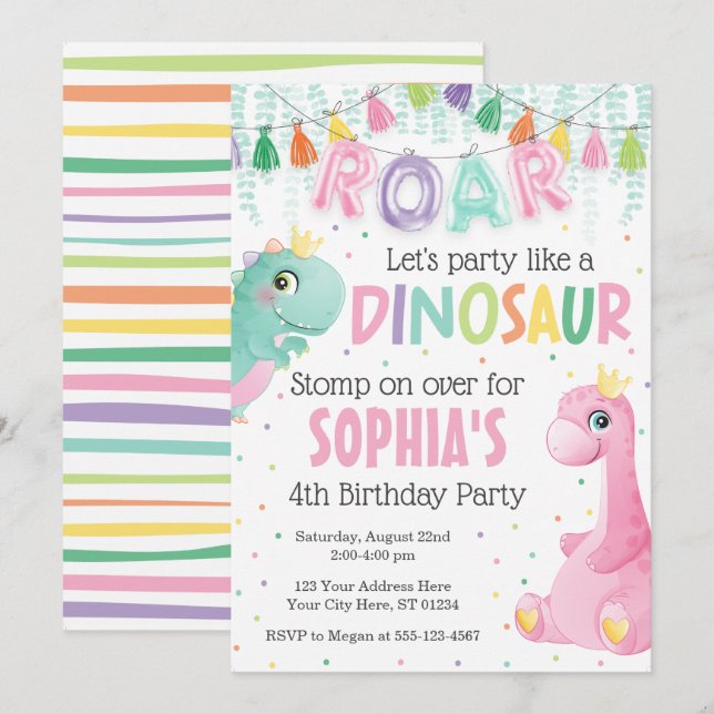 Girl Dinosaur Birthday Invitation (Front/Back)