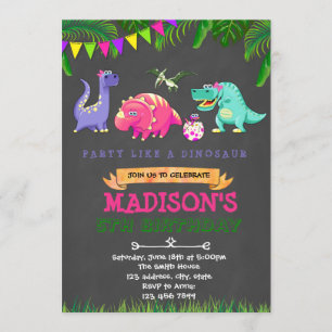 Girl dinosaur birthday invitation