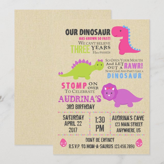Girl Dinosaur Birthday Invitation (Front/Back)